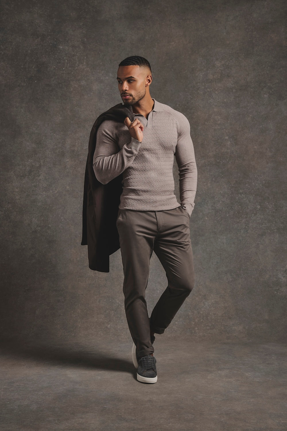 Fine Cable Knitted Polo Shirt in Neutral Marl - TAILORED ATHLETE - USA