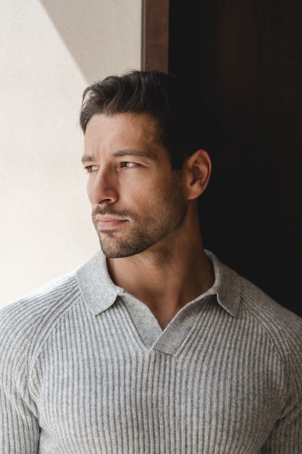 Fisherman Rib Open Collar Polo Shirt in Soft Grey Marl - TAILORED ATHLETE - USA