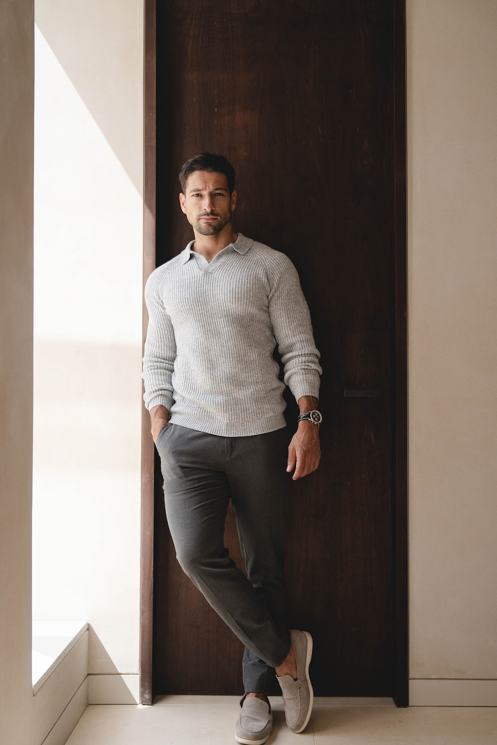 Fisherman Rib Open Collar Polo Shirt in Soft Grey Marl - TAILORED ATHLETE - USA