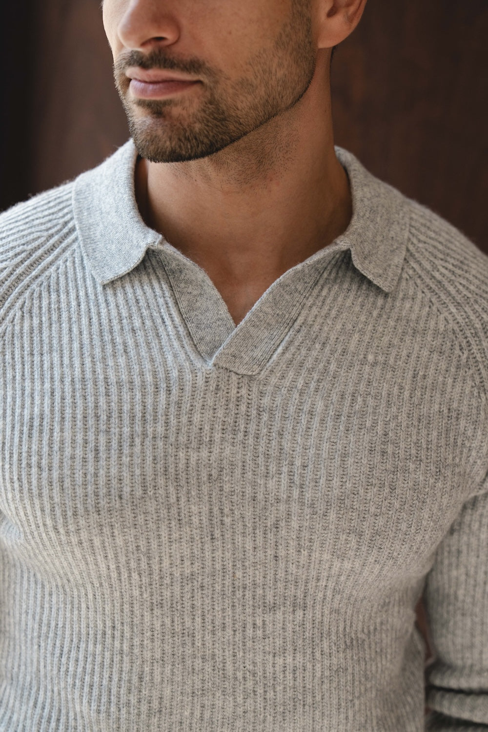 Fisherman Rib Open Collar Polo Shirt in Soft Grey Marl - TAILORED ATHLETE - USA