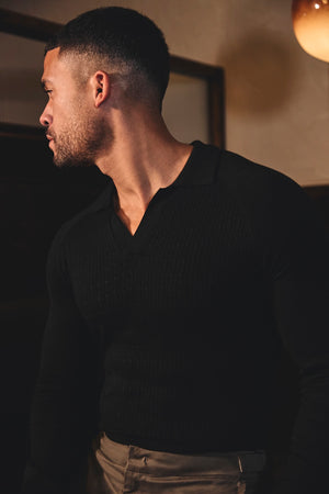 Fine Cable Knitted Polo Shirt in Black - TAILORED ATHLETE - USA