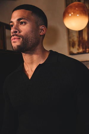 Fine Cable Knitted Polo Shirt in Black - TAILORED ATHLETE - USA