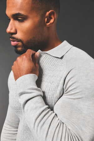 Fine Cable Knitted Polo Shirt in Light Grey Marl - TAILORED ATHLETE - USA