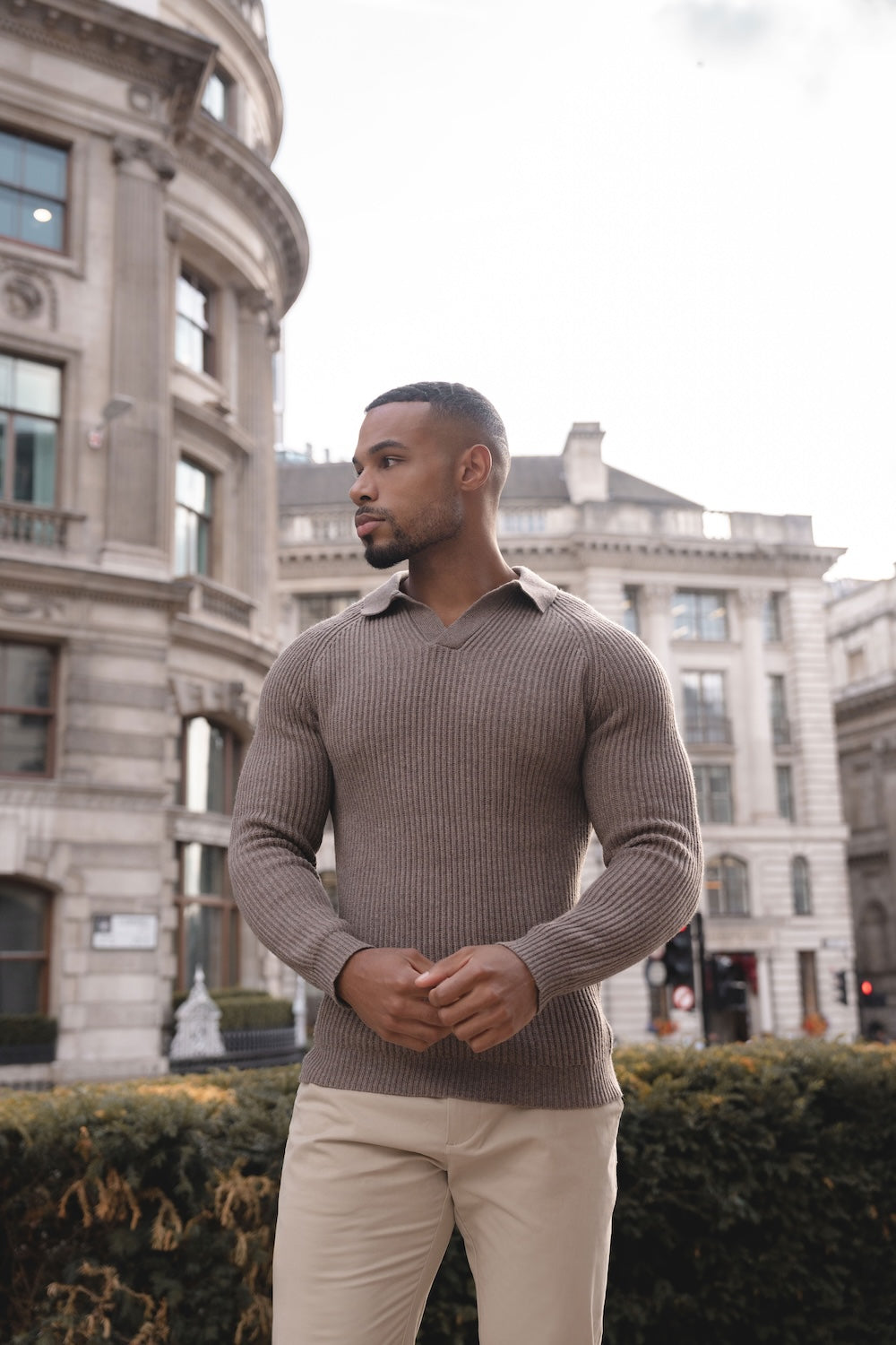 Fisherman Rib Open Collar Polo Shirt in Brown - TAILORED ATHLETE - USA