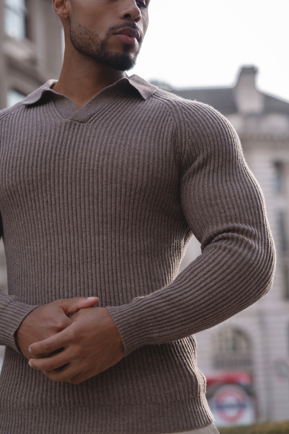 Fisherman Rib Open Collar Polo Shirt in Brown - TAILORED ATHLETE - USA