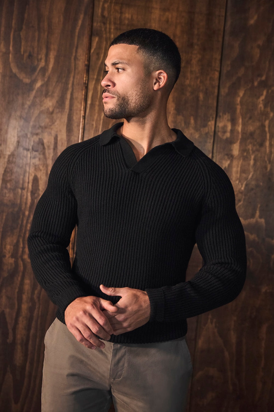 Fisherman Rib Open Collar Polo Shirt in Black - TAILORED ATHLETE - USA