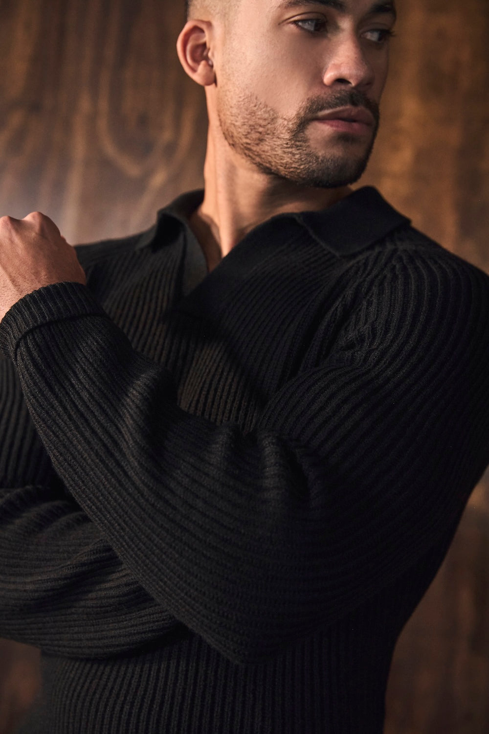 Fisherman Rib Open Collar Polo Shirt in Black - TAILORED ATHLETE - USA