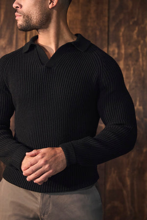 Fisherman Rib Open Collar Polo Shirt in Black - TAILORED ATHLETE - USA