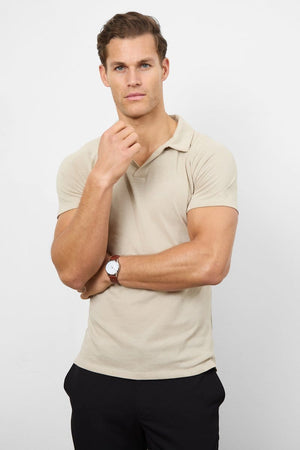 Knit Look Open Collar Polo Shirt in Stone - TAILORED ATHLETE - USA