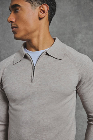 Knitted Half Zip Polo Shirt in Dark Oatmeal - TAILORED ATHLETE - USA