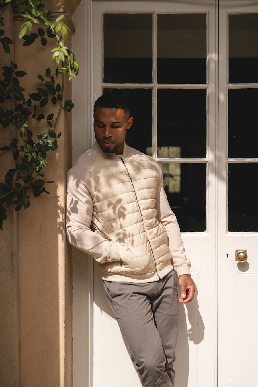 Quilted Hybrid Bomber Jacket in Neutral - TAILORED ATHLETE - USA