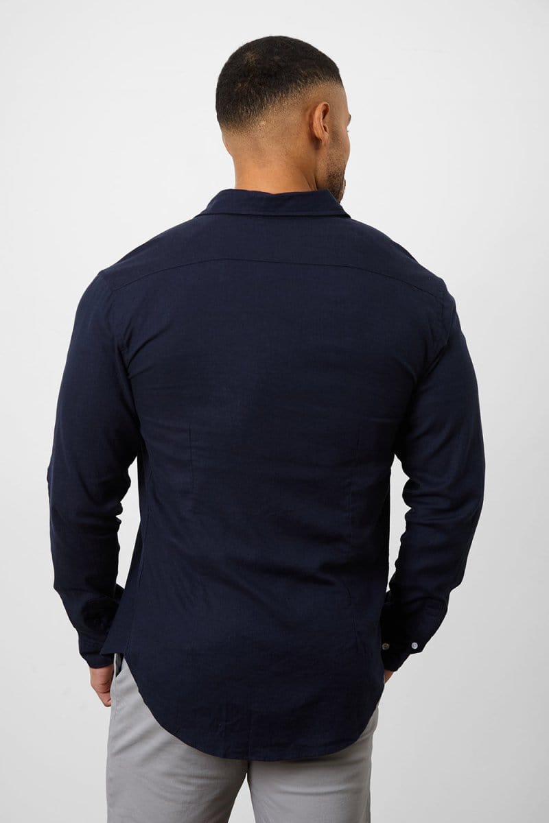 Stretch Linen Blend Button Through Shirt in Navy - TAILORED ATHLETE - USA