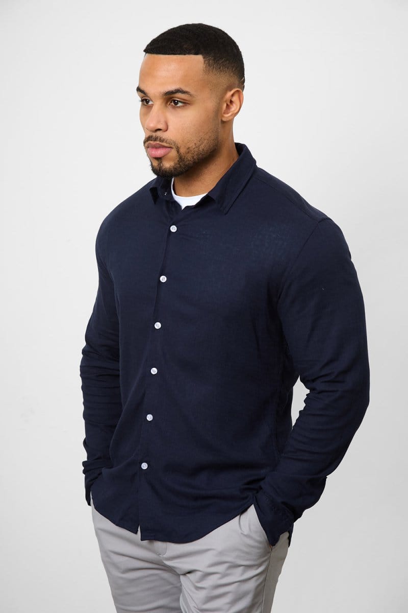 Stretch Linen Blend Button Through Shirt in Navy - TAILORED ATHLETE - USA