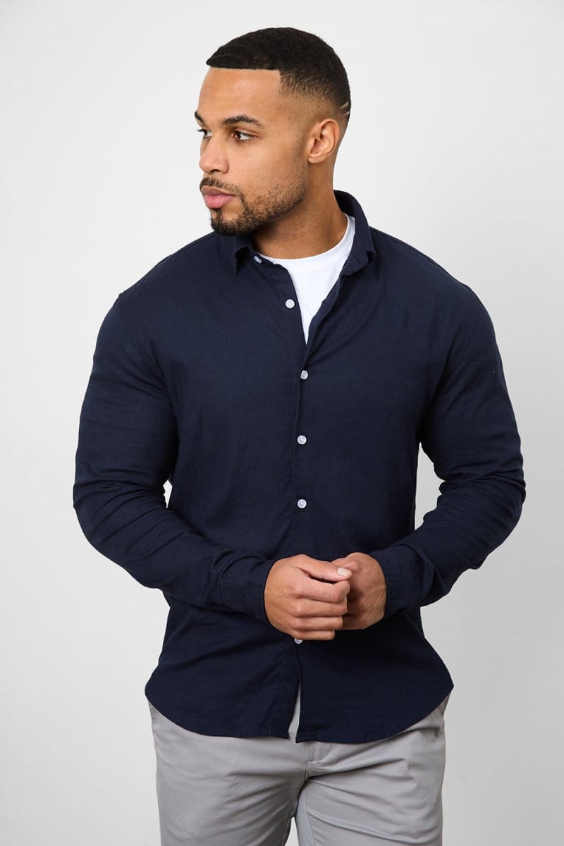 Stretch Linen Blend Button Through Shirt in Navy - TAILORED ATHLETE - USA