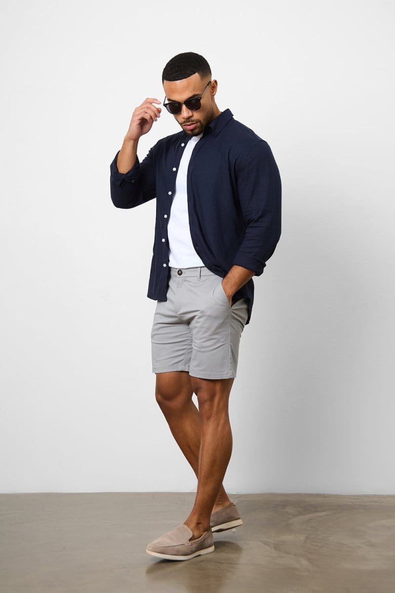Stretch Linen Blend Button Through Shirt in Navy - TAILORED ATHLETE - USA