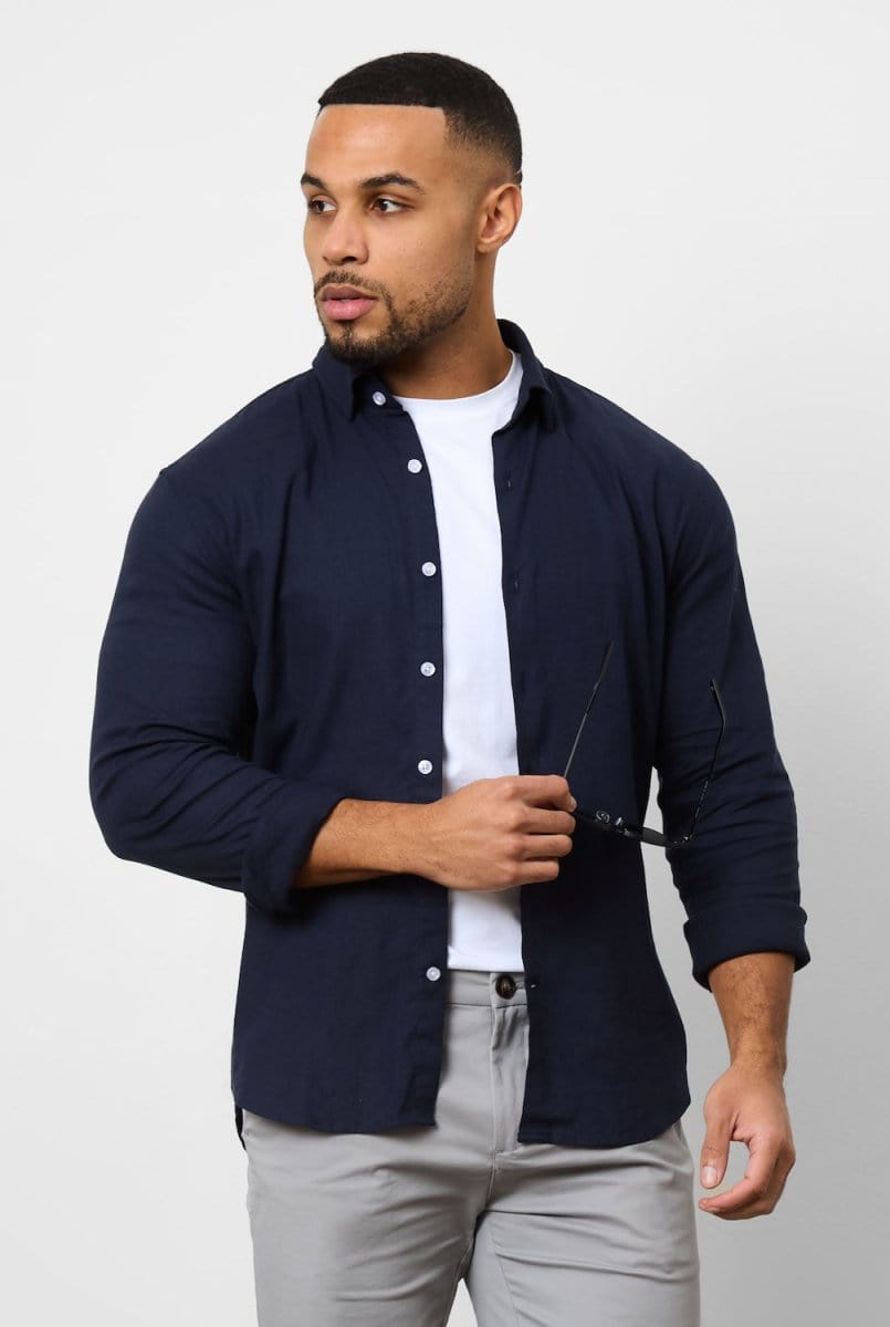 Stretch Linen Blend Button Through Shirt in Navy - TAILORED ATHLETE - USA