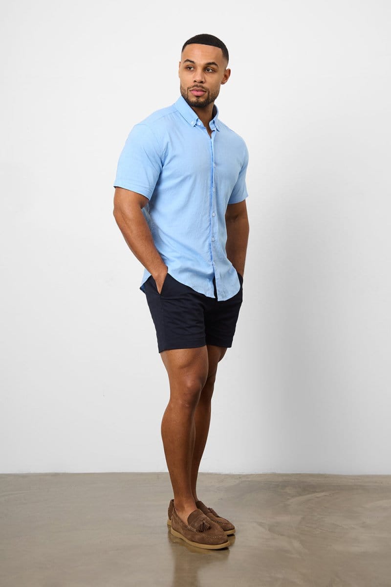 Stretch Linen Blend Button Through Shirt in Sky Blue - TAILORED ATHLETE - USA