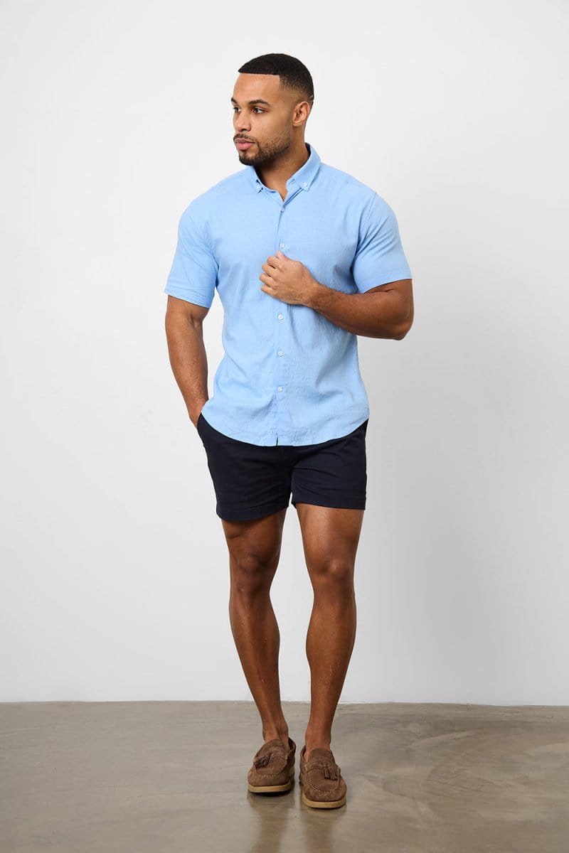 Stretch Linen Blend Button Through Shirt in Sky Blue - TAILORED ATHLETE - USA