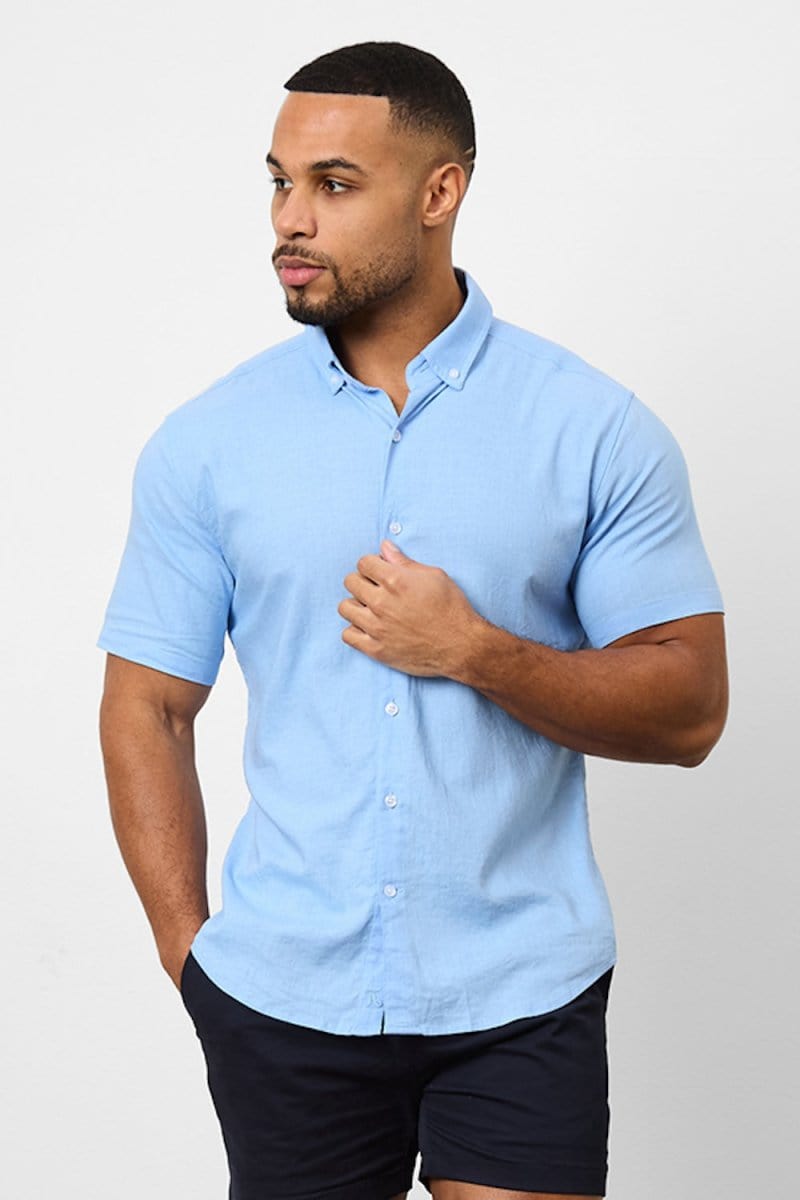 Stretch Linen Blend Button Through Shirt in Sky Blue - TAILORED ATHLETE - USA