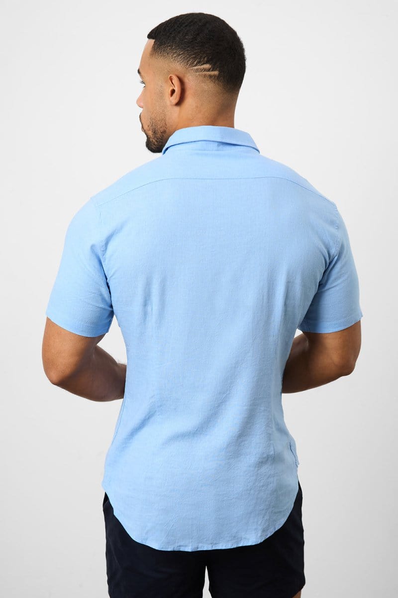 Stretch Linen Blend Button Through Shirt in Sky Blue - TAILORED ATHLETE - USA