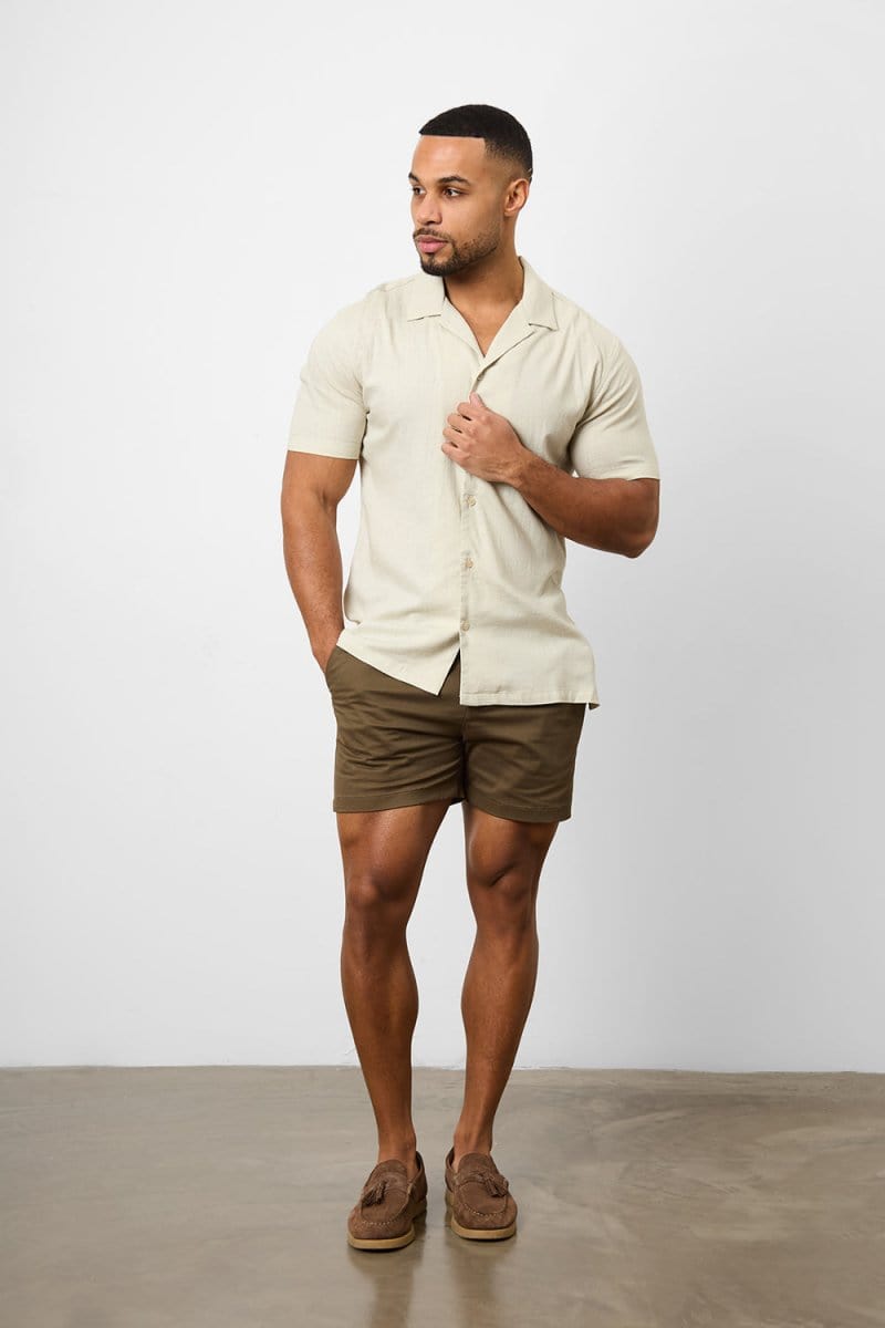 Stretch Linen Blend Cuban Collar Shirt in Stone - TAILORED ATHLETE - USA