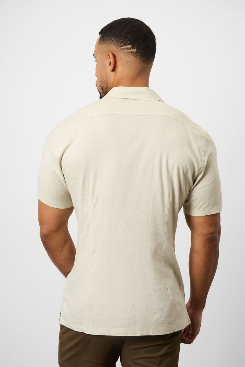 Stretch Linen Blend Cuban Collar Shirt in Stone - TAILORED ATHLETE - USA