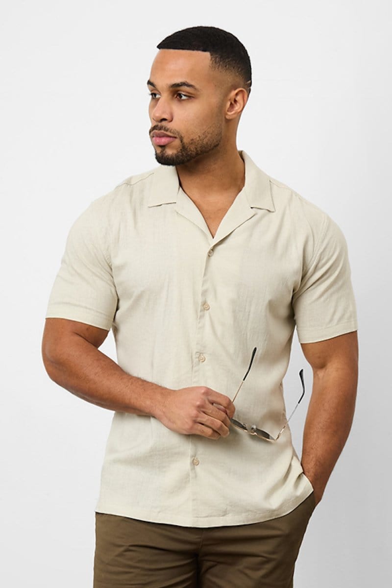 Stretch Linen Blend Cuban Collar Shirt in Stone - TAILORED ATHLETE - USA
