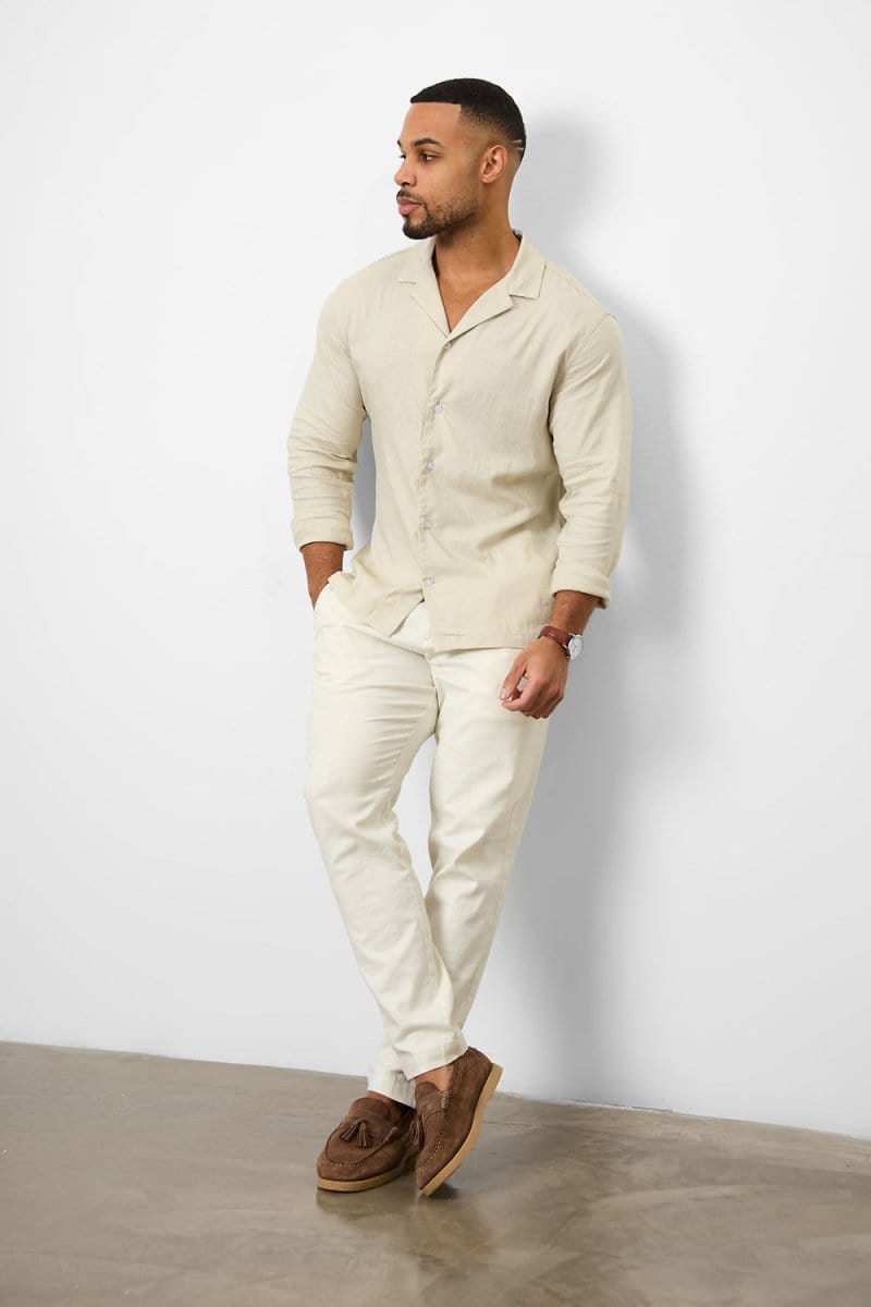 Stretch Linen Blend Cuban Collar Shirt in Stone - TAILORED ATHLETE - USA