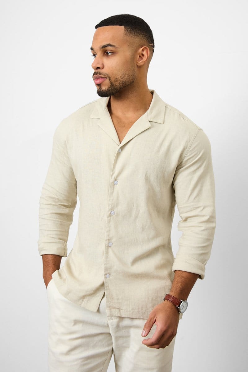 Stretch Linen Blend Cuban Collar Shirt in Stone - TAILORED ATHLETE - USA