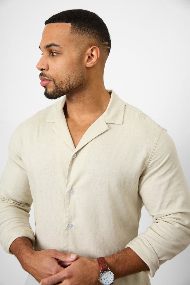 Stretch Linen Blend Cuban Collar Shirt in Stone - TAILORED ATHLETE - USA