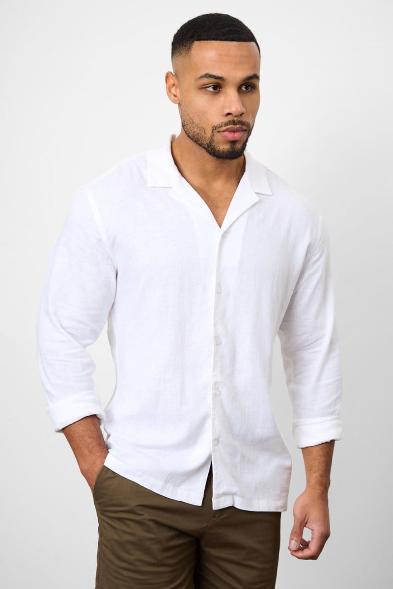 Stretch Linen Blend Cuban Collar Shirt in White - TAILORED ATHLETE - USA