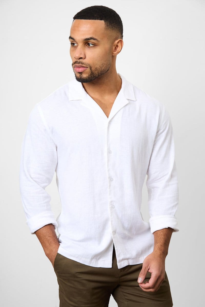 Stretch Linen Blend Cuban Collar Shirt in White - TAILORED ATHLETE - USA