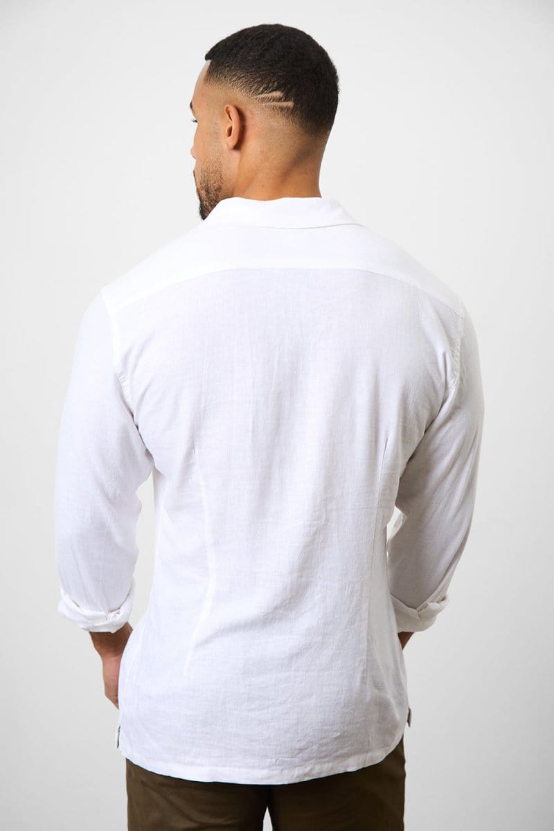 Stretch Linen Blend Cuban Collar Shirt in White - TAILORED ATHLETE - USA