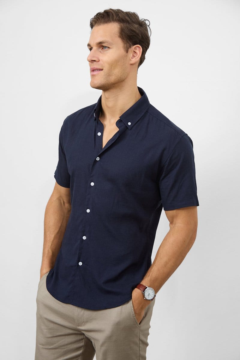Stretch Linen Blend Button Through Shirt in Navy - TAILORED ATHLETE - USA