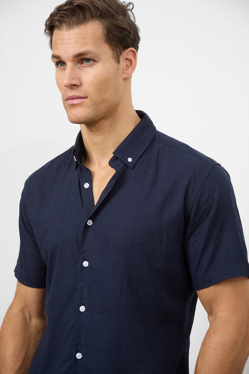 Stretch Linen Blend Button Through Shirt in Navy - TAILORED ATHLETE - USA