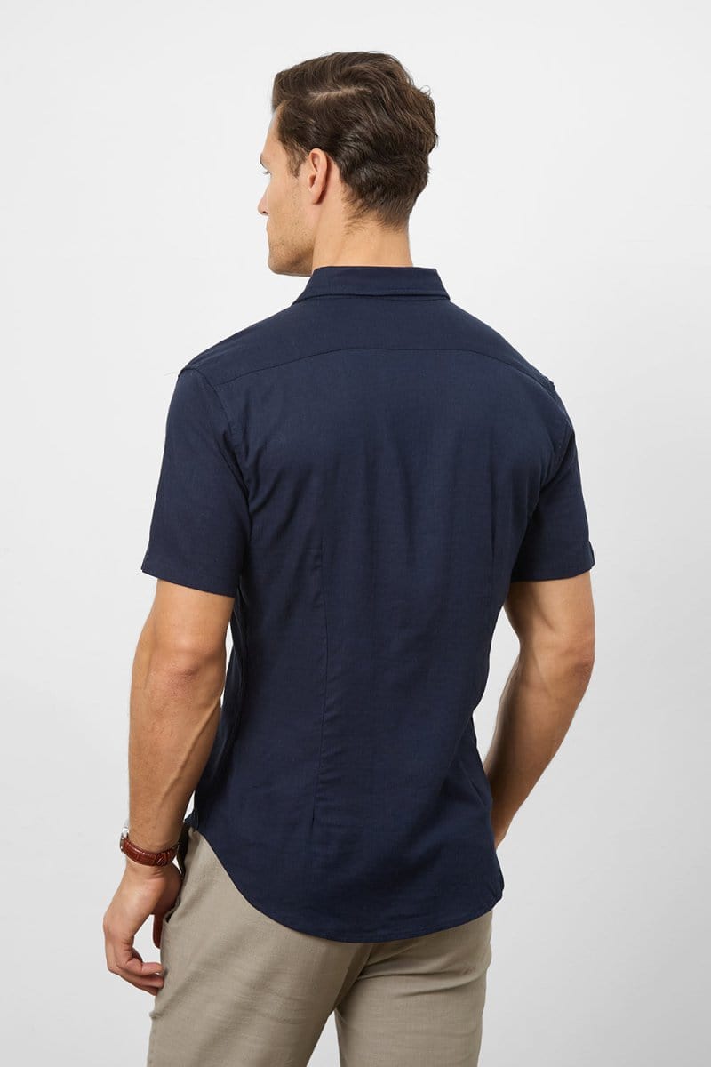 Stretch Linen Blend Button Through Shirt in Navy - TAILORED ATHLETE - USA