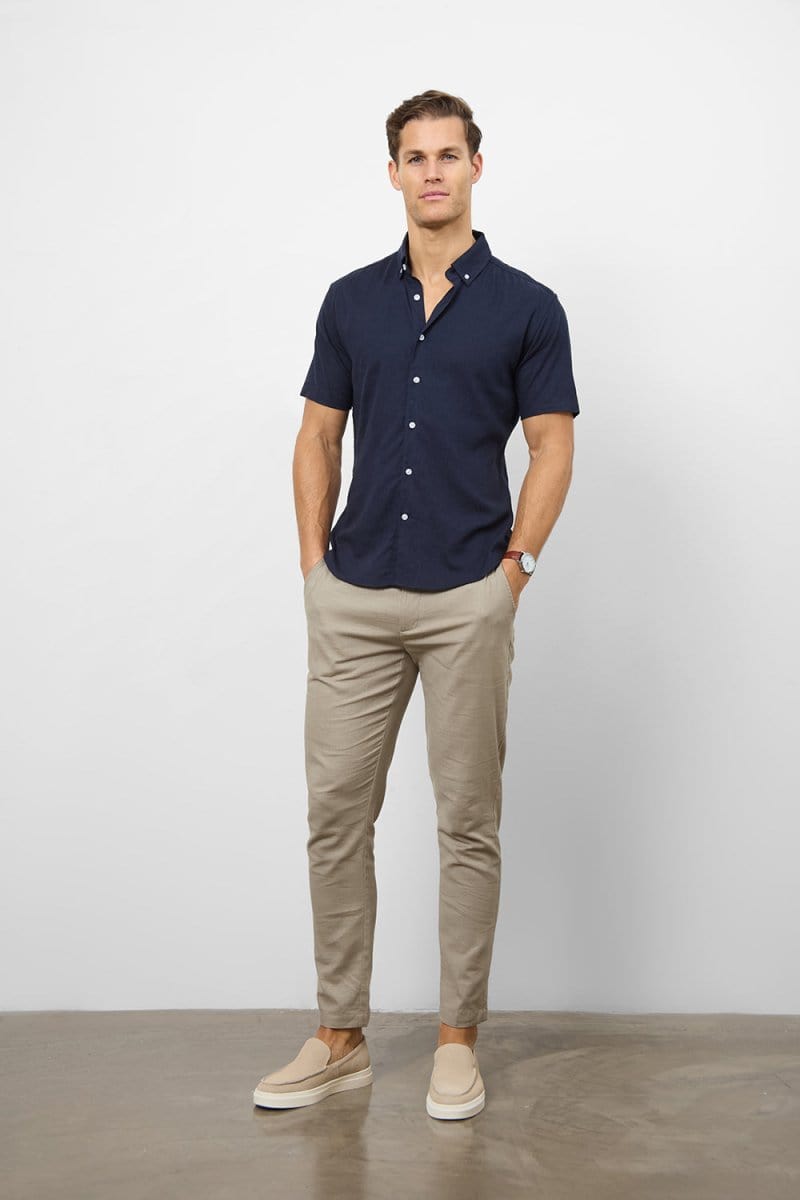 Stretch Linen Blend Button Through Shirt in Navy - TAILORED ATHLETE - USA