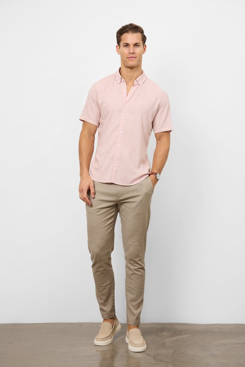 Stretch Linen Blend Button Through Shirt in Pink - TAILORED ATHLETE - USA