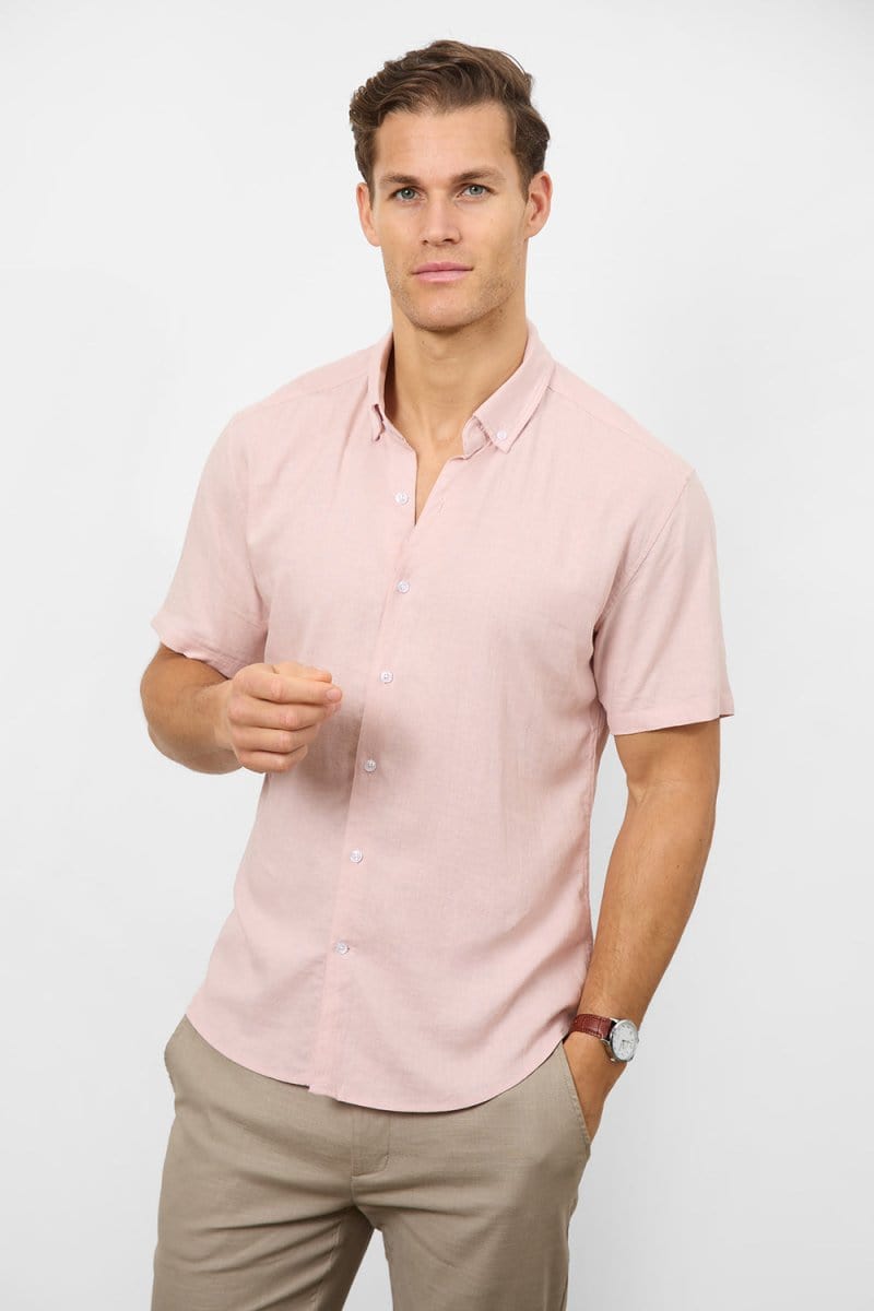 Stretch Linen Blend Button Through Shirt in Pink - TAILORED ATHLETE - USA