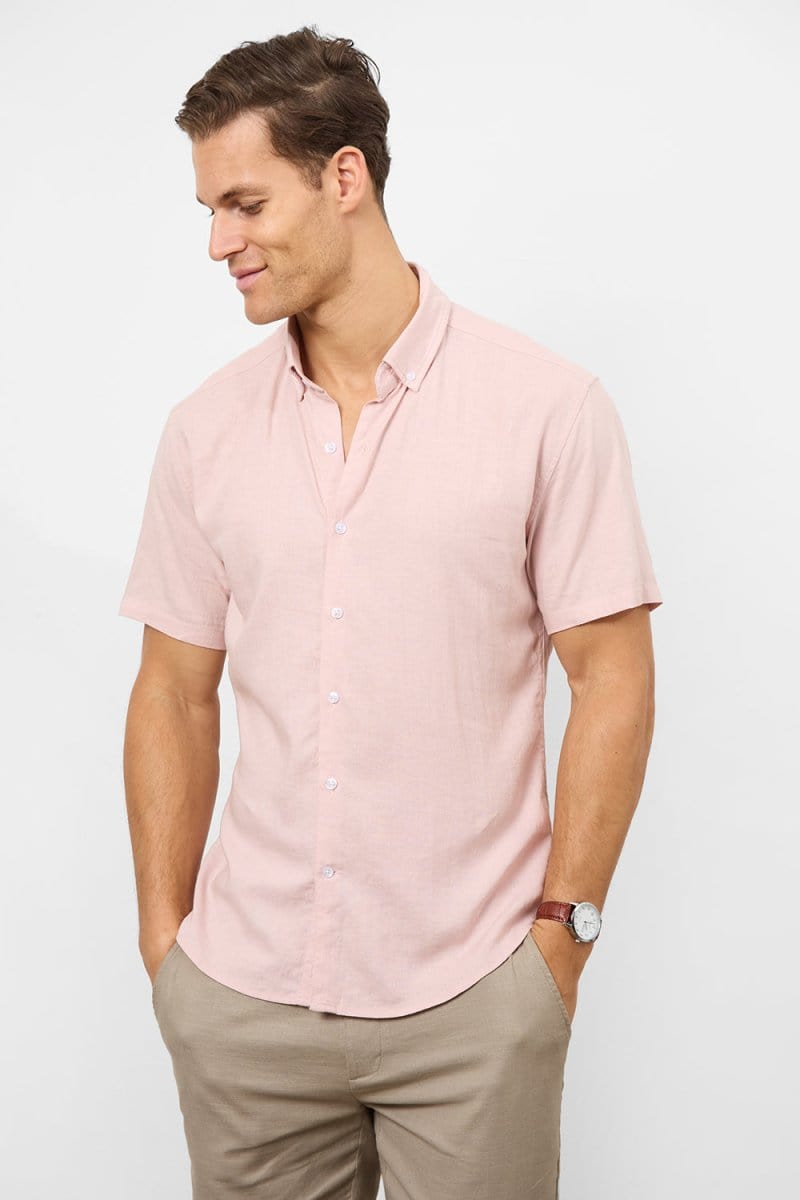 Stretch Linen Blend Button Through Shirt in Pink - TAILORED ATHLETE - USA