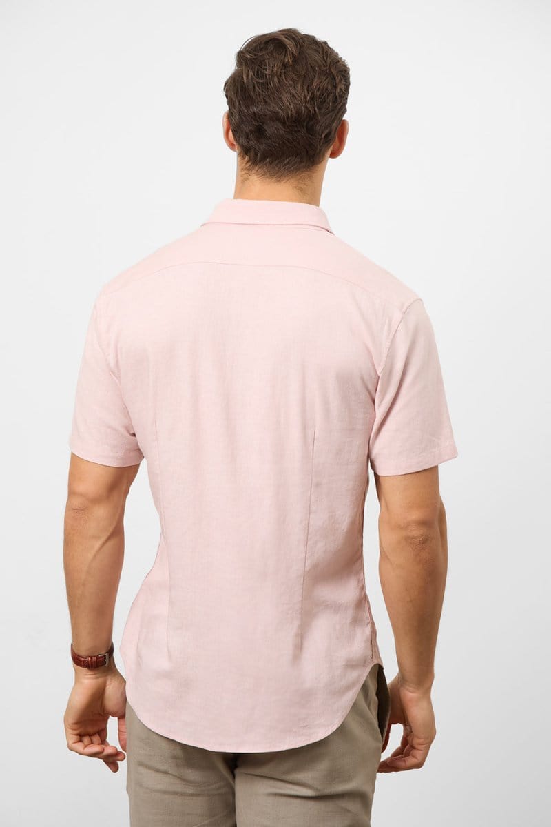 Stretch Linen Blend Button Through Shirt in Pink - TAILORED ATHLETE - USA