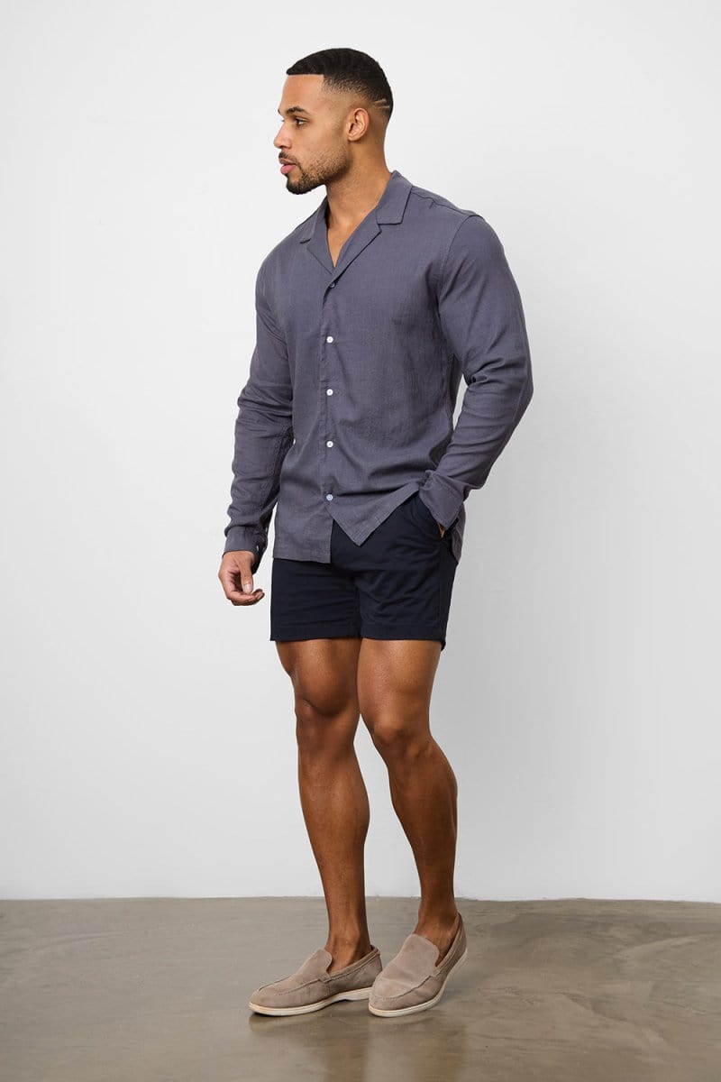 Stretch Linen Blend Cuban Collar Shirt in Denim - TAILORED ATHLETE - USA