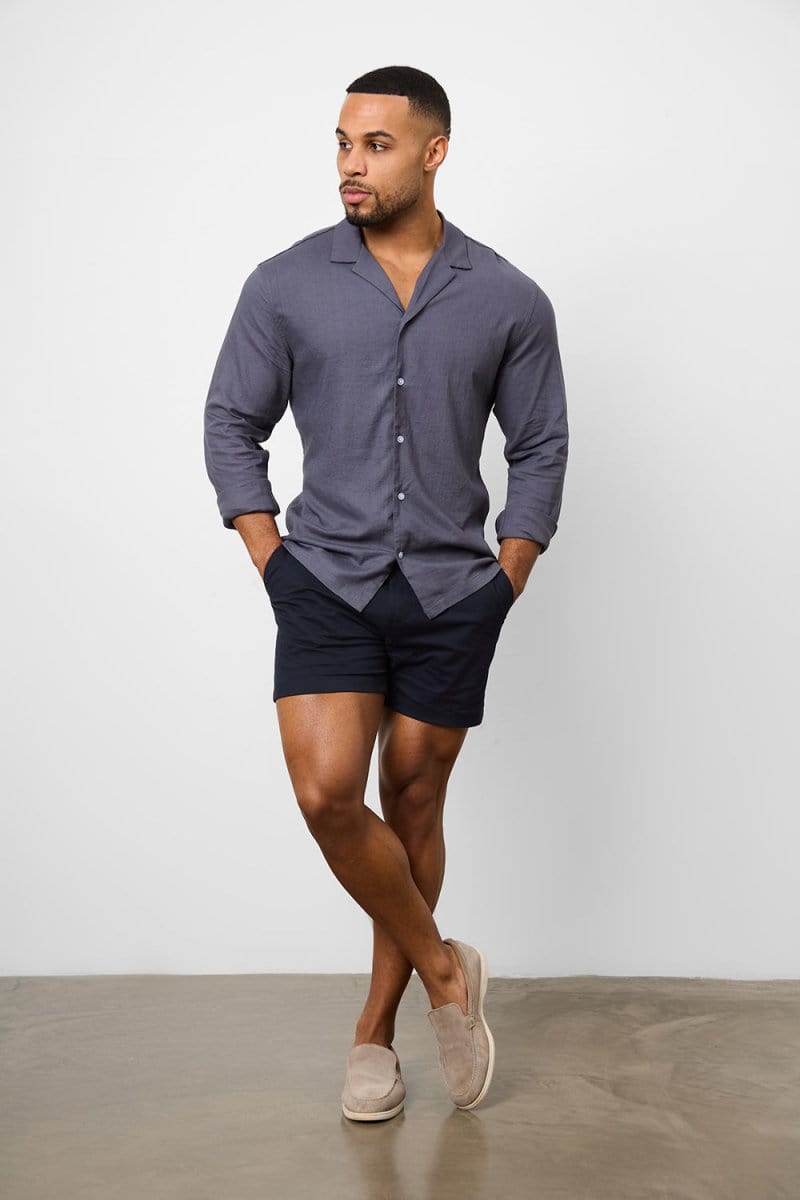 Stretch Linen Blend Cuban Collar Shirt in Denim - TAILORED ATHLETE - USA