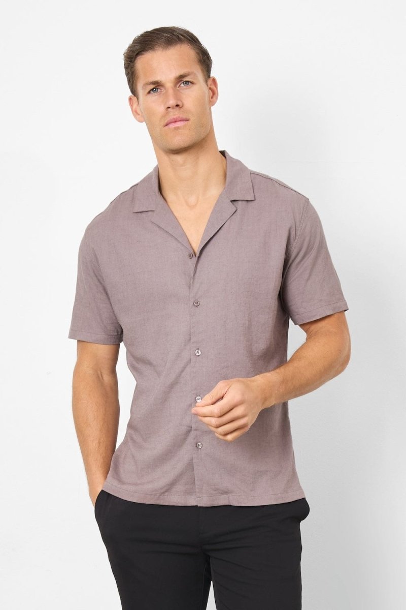 Stretch Linen Blend Cuban Collar Shirt in Truffle - TAILORED ATHLETE - USA