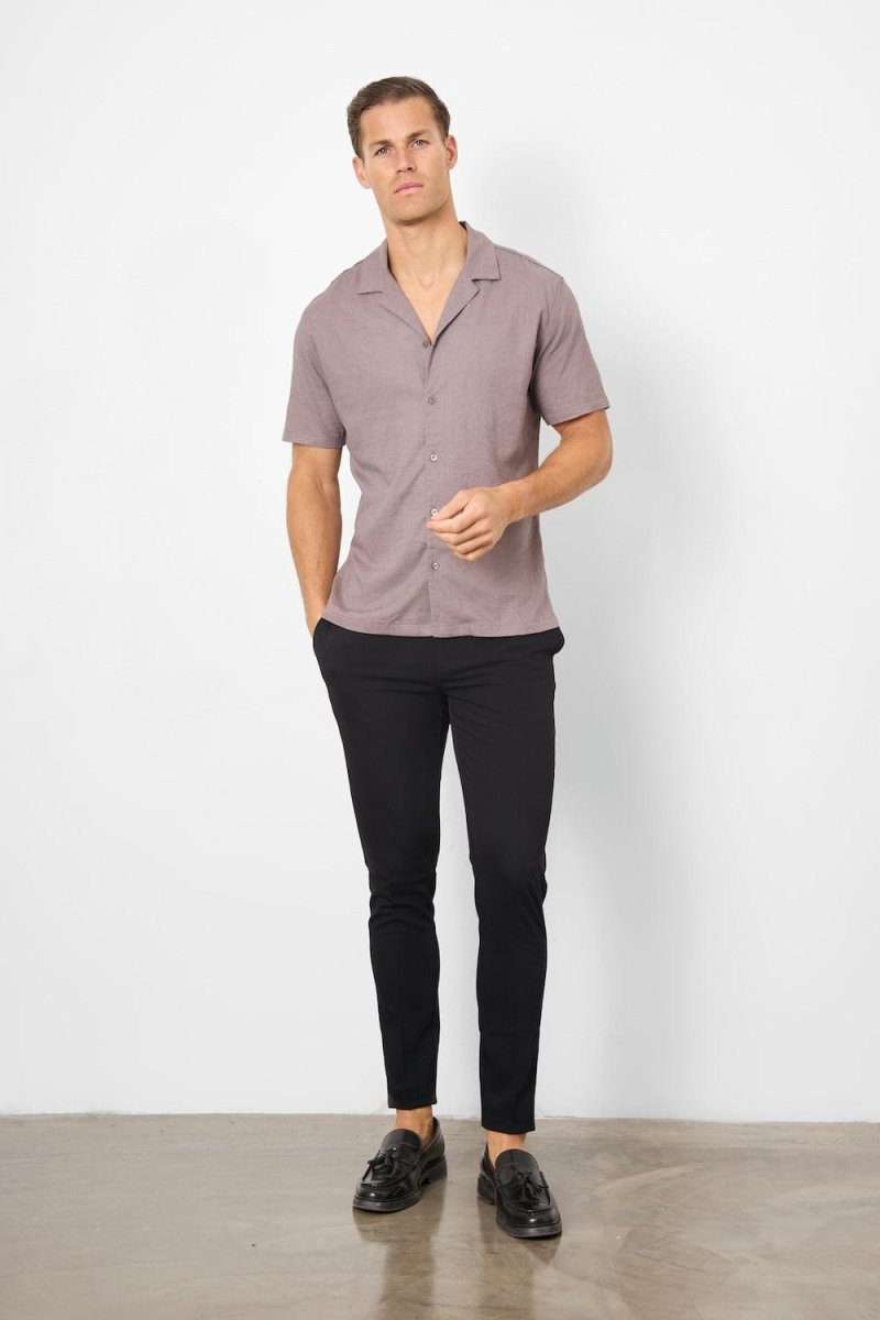 Stretch Linen Blend Cuban Collar Shirt in Truffle - TAILORED ATHLETE - USA