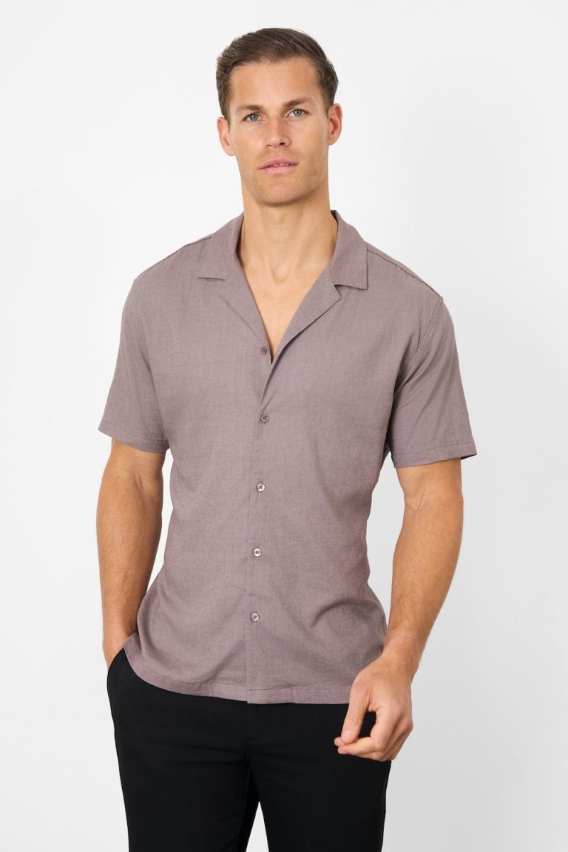 Stretch Linen Blend Cuban Collar Shirt in Truffle - TAILORED ATHLETE - USA