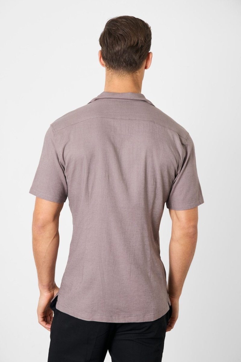 Stretch Linen Blend Cuban Collar Shirt in Truffle - TAILORED ATHLETE - USA