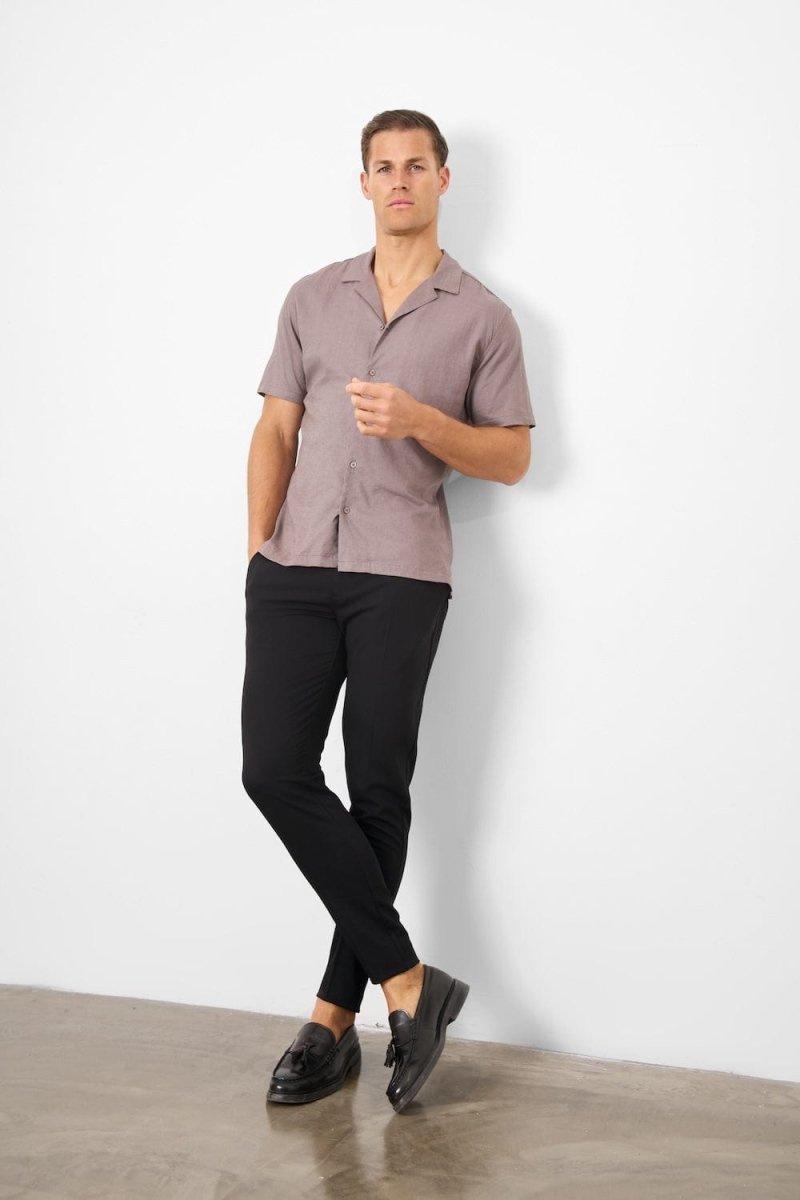 Stretch Linen Blend Cuban Collar Shirt in Truffle - TAILORED ATHLETE - USA