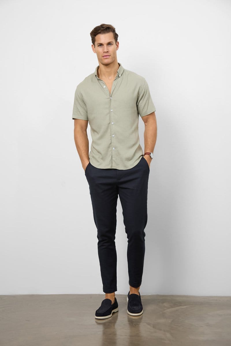 Stretch Linen Blend Button Through Shirt in Soft Sage - TAILORED ATHLETE - USA