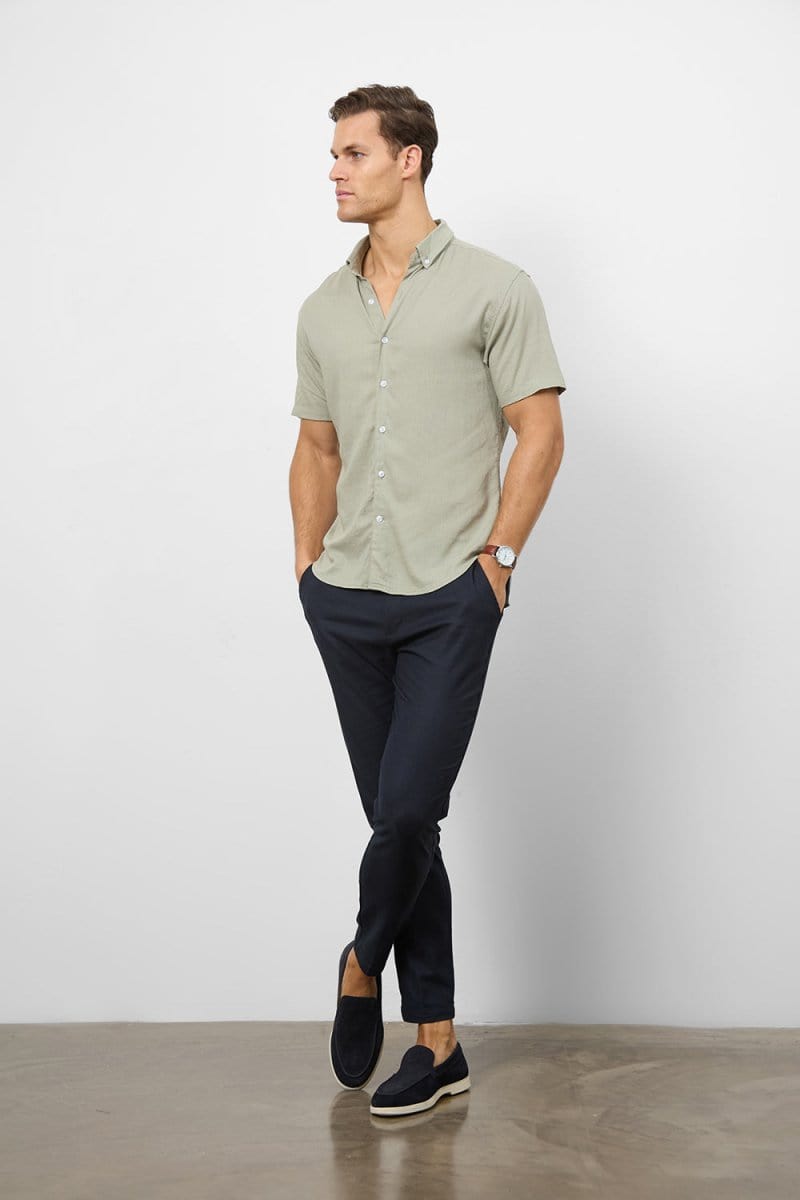 Stretch Linen Blend Button Through Shirt in Soft Sage - TAILORED ATHLETE - USA
